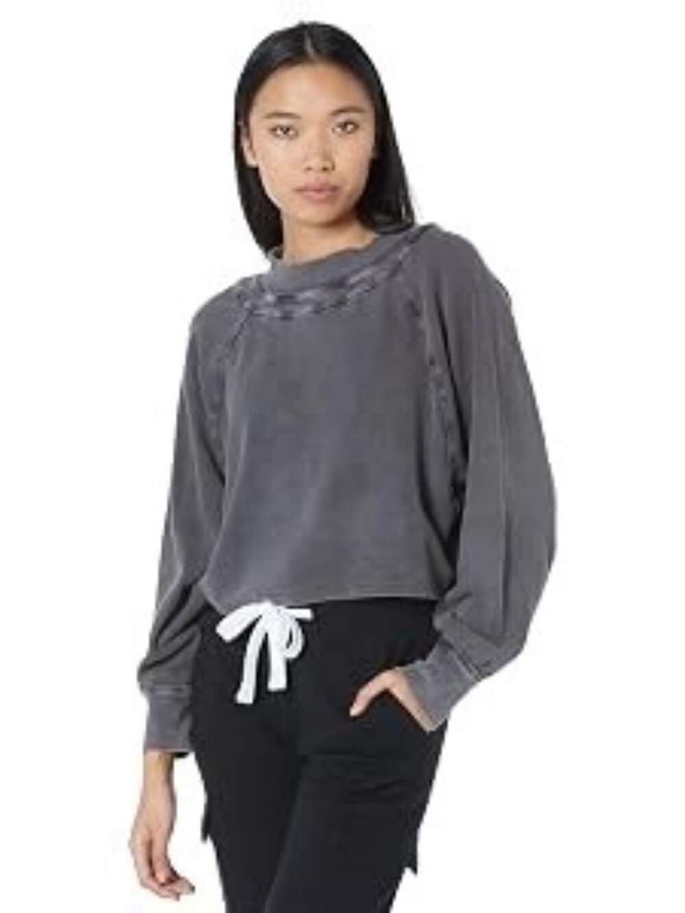 Free People We The Free Charcoal Gray Fun Times Turtle Thermal Pullover, L, Boho